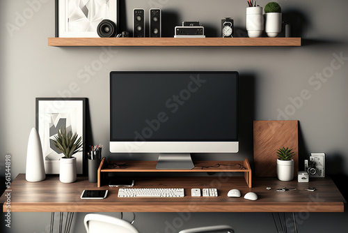 Modern office desk, workstation with PC desktop computer mockup, painting tools and accessories on wood table against grey wall with wall shelf and decor. , 3d illustration. Generative AI