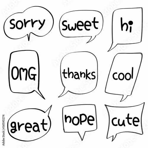 set hand hand drawn doodle of Sorry, OMG, Sweet, thanks, nope, hi, great, cool, cute. vector design illustration, Sorry, OMG, Sweet, thanks, nope, hi, great, cool, cute