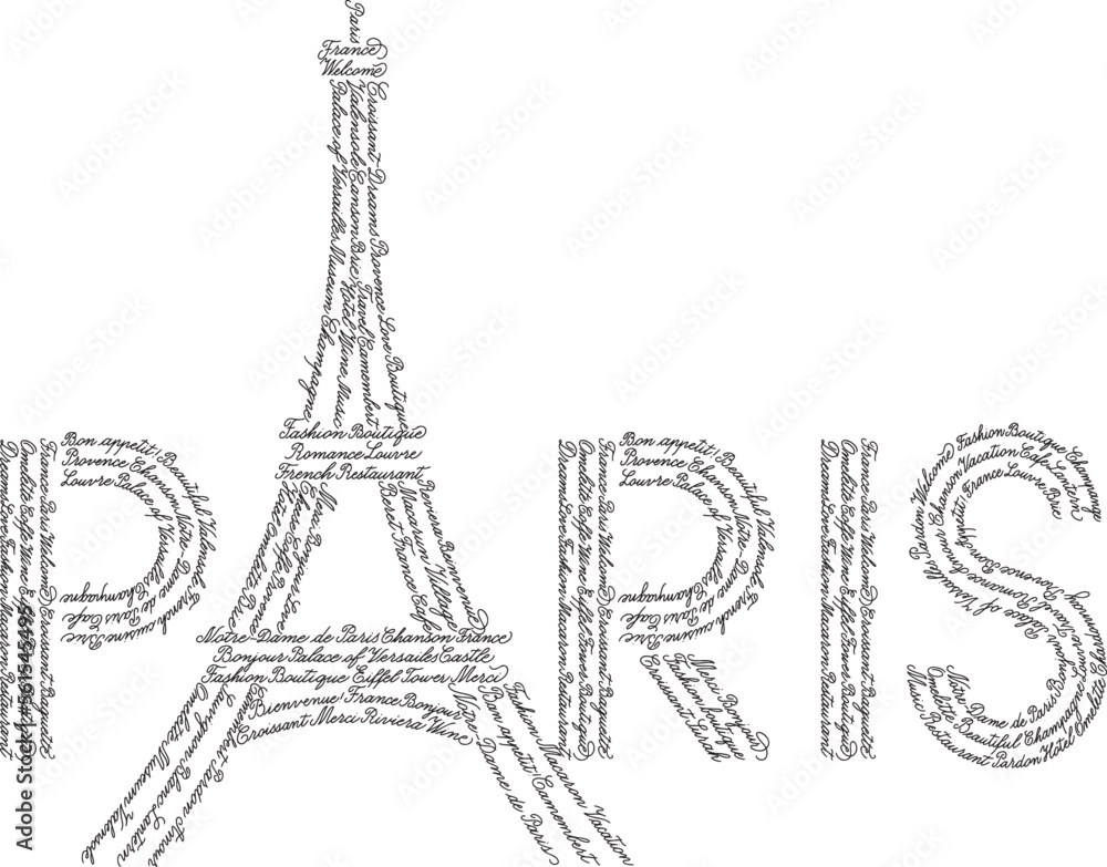 The word Paris with the symbol of the Eiffel tower. The shape is filled with repeated handwritten English words and some French popular words, translation: Welcome, Hello, Sorry, Love, Thanks.