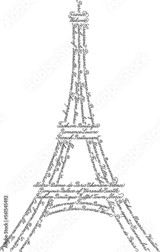 Calligraphic illustration with stylish Eiffel Tower. The shape is filled with repeated handwritten English words and some French popular words  translation  Welcome  Hello  Sorry  Love  Thanks.