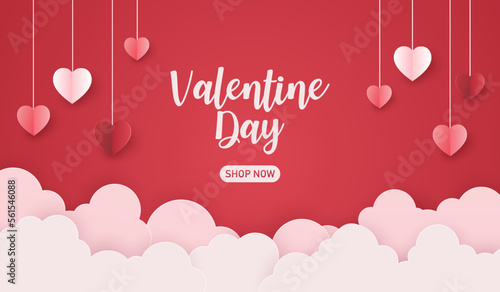 Fotografiet valentines sale with hearts and clouds holding paper craft on pink background