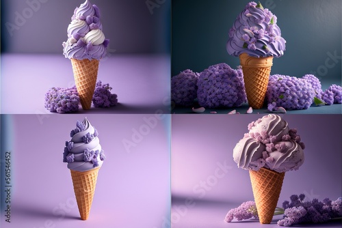  a series of four pictures of a purple ice cream cone with flowers on it and a purple background with a purple background and a purple background with a purple background and white border with a.