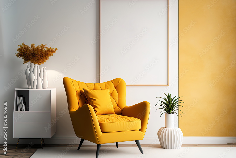 Warm toned living room interior wall mockup with a yellow armchair and a background of a white wall. Generative AI - obrazy, fototapety, plakaty 