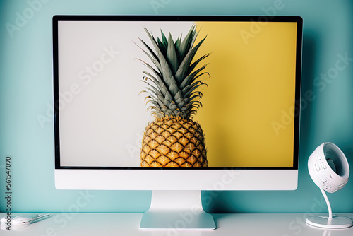 White table with isolated computer screen style and pineapple wallpaper. Generative AI