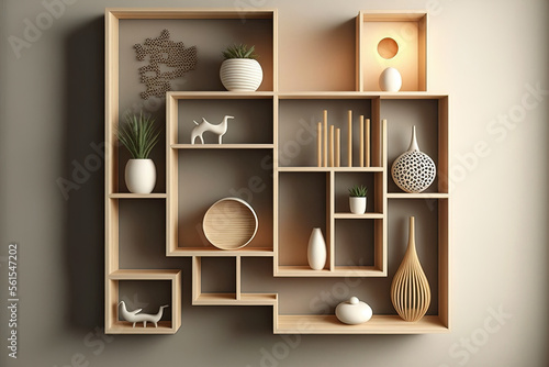 Idea Box Wall Shelves on minimal living room japandi style design, . Generative AI © AkuAku