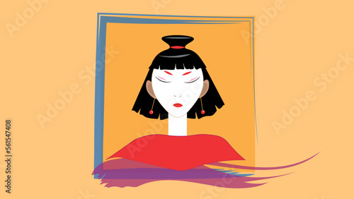 Art portrait of an oriental lady with short hair and fringes. An exquisite beauty.