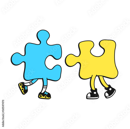 Funny two puzzle pieces. Vector cartoon doodle character illustration logo.Pazzle print for t-shirt,poster art concept