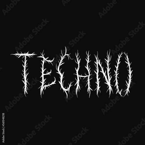 Techno word,trendy black metal style letters.Vector hand drawn illustration.Techno,rave,trippy letters, acid fashion,black metal style print for t-shirt,poster concept