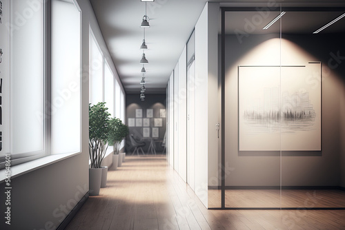 Modern office corridor interior with empty white mock up billboard, glass doors, furniture and wooden flooring. Architecture and design concept. Generative AI