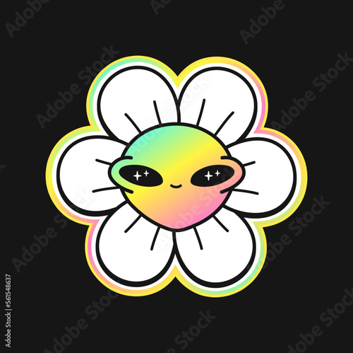 Funny alien flower face.Vector cartoon character illustration logo.Smile groovy chamomile flower face,acid,techno,trippy print for t-shirt,poster art concept