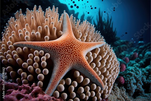  a starfish is sitting on a coral in the ocean with other corals and other sea life around it, and a blue background is also visible in the water and a few bubbles. photo