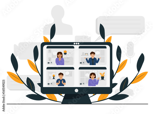 Online video call with a friend. Video conference with people group, friends meeting. Computer screen. Vector illustration in flat style