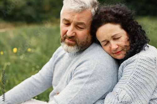 Obraz na plátne Senior couple sitting on a grass in a park and hugging