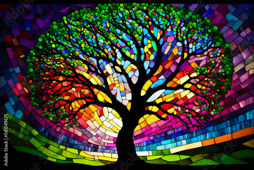 Stained glass tree. Generative AI photo