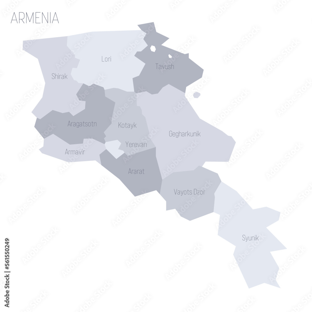 Armenia political map of administrative divisions - provinces and autonomous city of Yerevan. Grey vector map with labels.