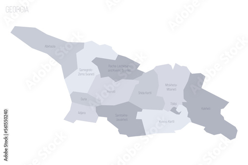 Georgia political map of administrative divisions - regions and autonomous republics of Abkhasia and Adjara. Grey vector map with labels.