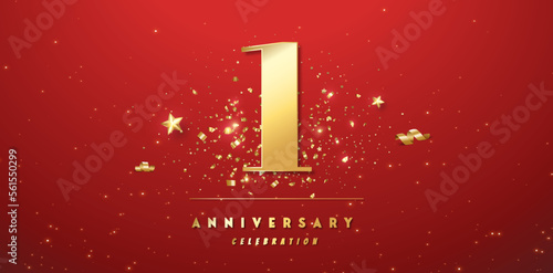 1st Year anniversary celebration background. 3D Golden number 1 with gold confetti stars on red background.
