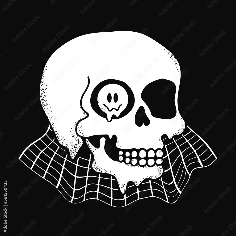 Psychedelic trippy skull with smile face print for t-shirt. Vector hand drawn doodle line cartoon character illustration Psychedelic trippy skull with smile face print for t-shirt. Vector hand drawn doodle line cartoon character illustration