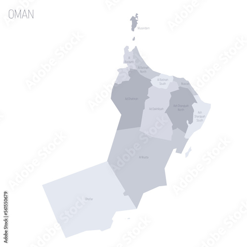 Oman political map of administrative divisions - governorates. Grey vector map with labels.