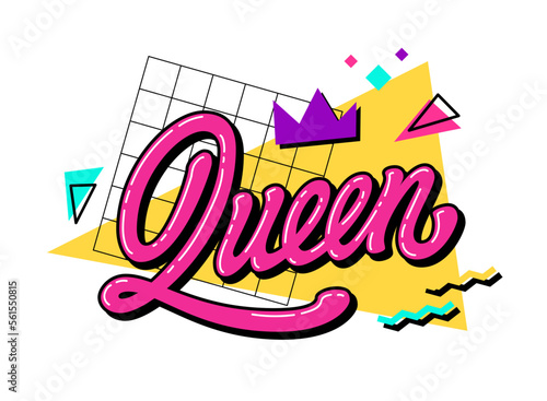 A trendy, isolated vector graphic illustration of the word - Queen - in a retro 90's style with bright geometric elements on the background.