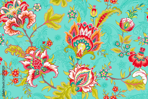 Wallpaper fabric with ethnic jacobean flowers on decorative branch, Indidan vintage print photo