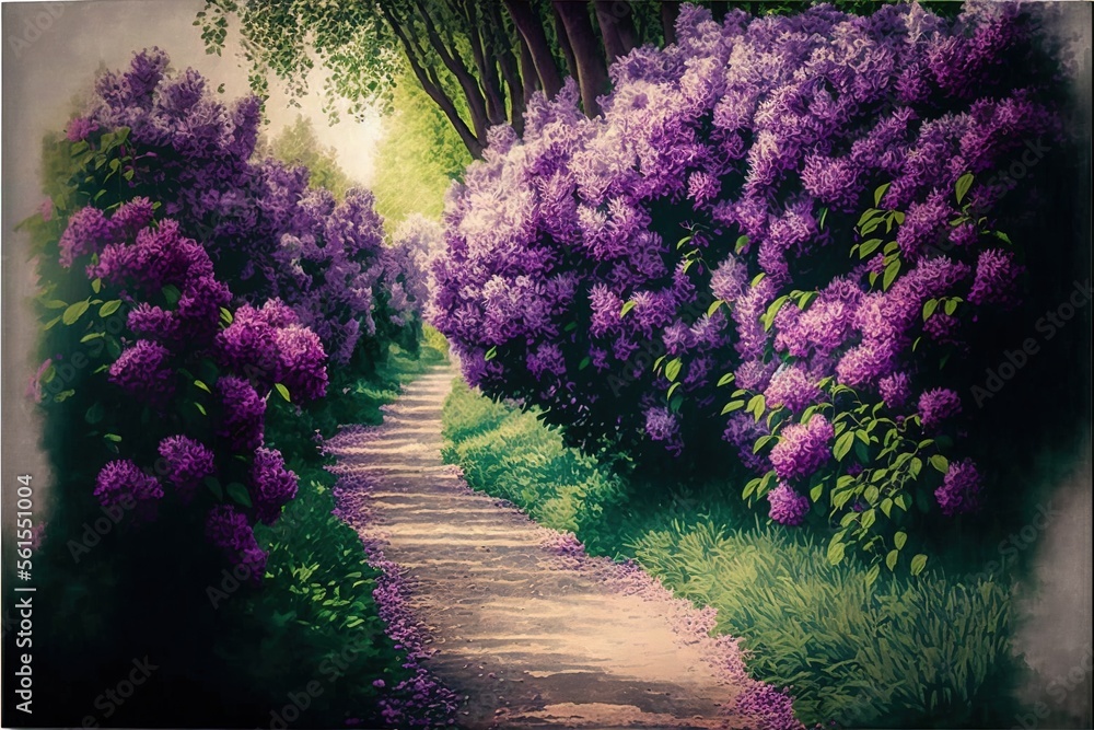  a painting of a path with purple flowers on it and a path between the trees to the left of the picture is a path with a path between two trees and a path between the.