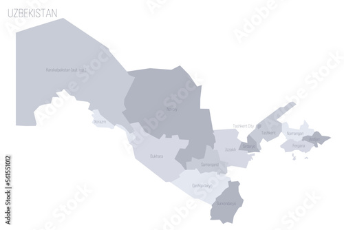 Uzbekistan political map of administrative divisions - regions, autonomous republic of Karakalpakstan and independent city of Tashkent. Grey vector map with labels.