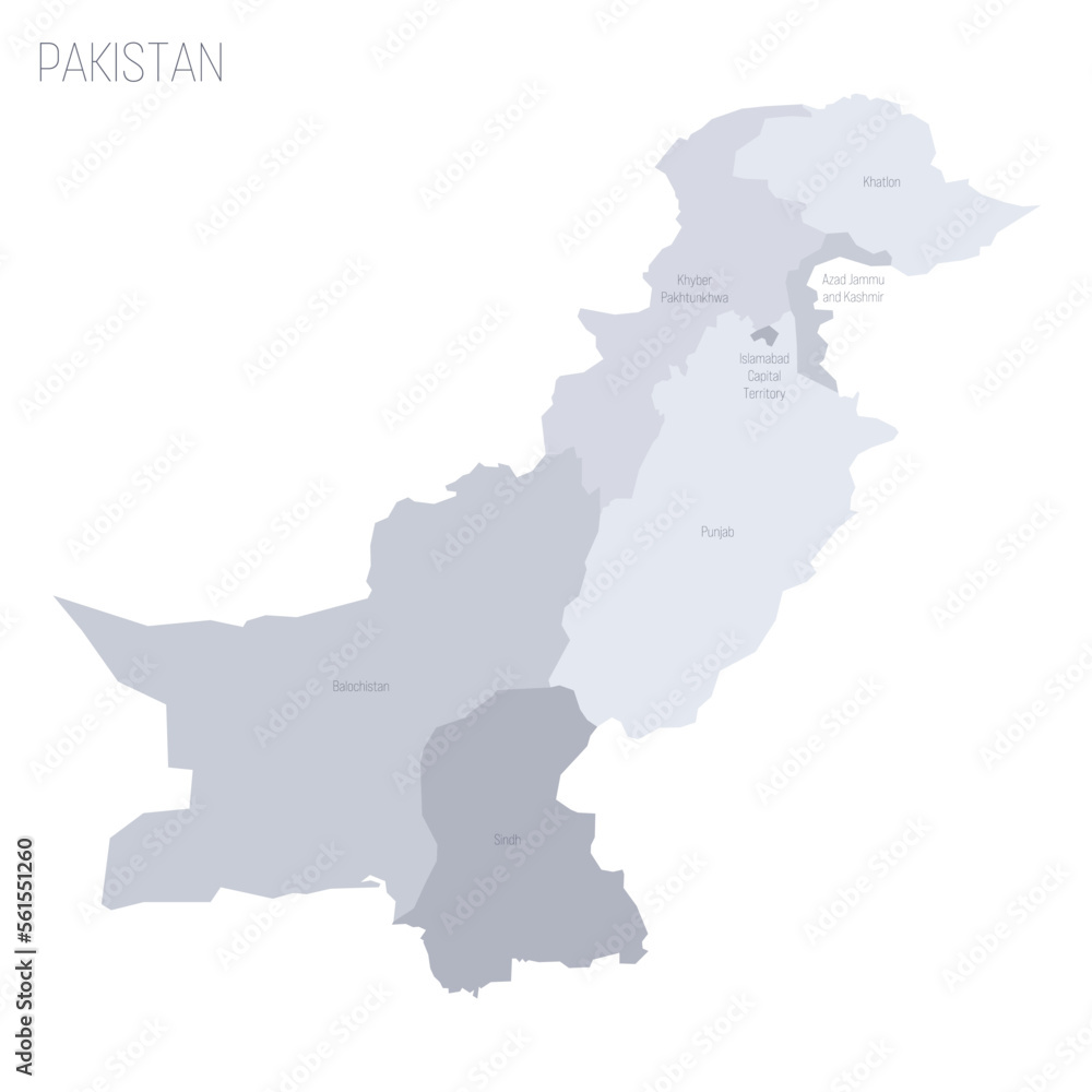 Pakistan political map of administrative divisions - provinces and autonomous territories. Grey vector map with labels.