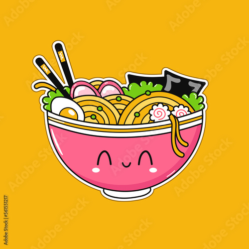 Cute funny ramen bowl. Vector hand drawn cartoon kawaii character illustration logo icon. Cute Japan anime,manga style ramen bowl,noodle cartoon kawaii concept