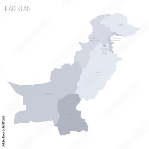 Pakistan political map of administrative divisions - provinces and autonomous territories. Grey vector map with labels.