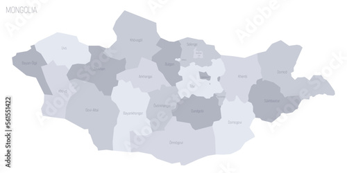 Mongolia political map of administrative divisions - provinces and khot Ulaanbaatar. Grey vector map with labels.