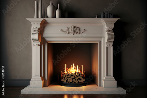 Large traditional fireplace with roaring fire. Empty mantle piece mockup shelf. . 3D Illustration. Generative AI photo