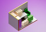 Self storage units for rent. Demonstration of storage unit capacity. Self storage units with home furnishings. Warehouse container for personal belongings. Container on purple background. 3d image.