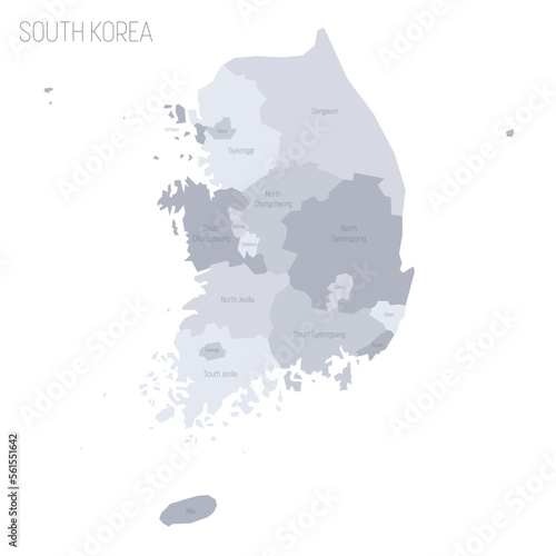 South Korea political map of administrative divisions - provinces, metropolitan cities, special city of Seolu and special self-governing cities of Sejong. Grey vector map with labels.