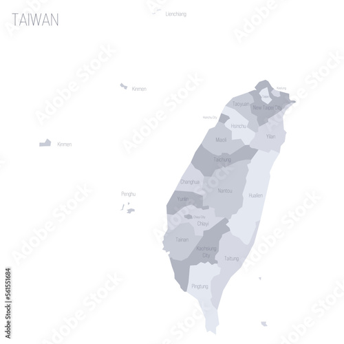 Taiwan political map of administrative divisions - provinces and special municipalities. Grey vector map with labels.