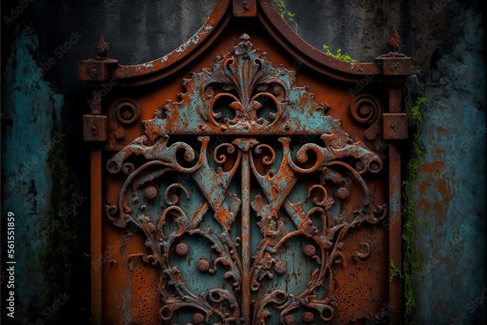  a rusted iron gate with a green plant growing out of it's center and a rusted metal frame on the outside of it, with a rusted out wall behind it.