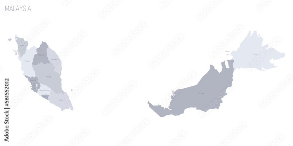 Malaysia political map of administrative divisions - states and federal territories. Grey vector map with labels.