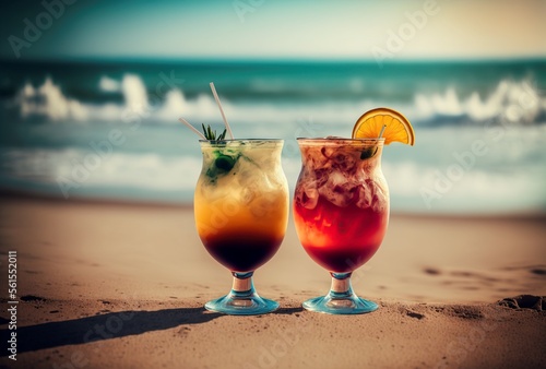 Fotografia, Obraz illustration, refreshing cocktails by the sea, image generated by AI