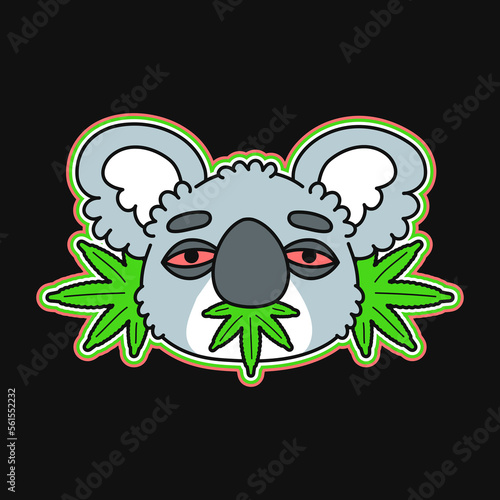 Funny koala bear eat marijuana leaf. Vector doodle cartoon style character illustration logo icon. Isolated on white background. Koala,weed,cannabis print for t-shirt,sticker,logo,poster