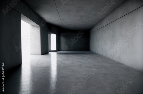 Empty room with concrete walls and floor. Generative AI.