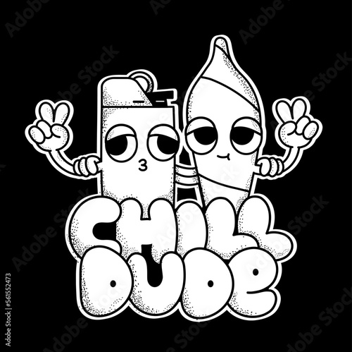 Funny weed joint and lighter show peace gesture sign. Chill dude slogan quote.Vector doodle line cartoon kawaii character illustration