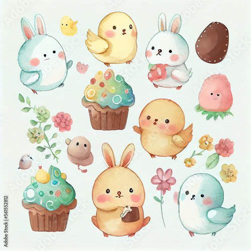 Cute cartoon Easter collection watercolor. Generative AI Technology.