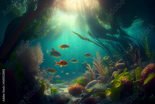 Gorgeous underwater landscape  wallpaper background desktop  generative ai  digital art
