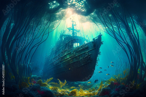 Gorgeous underwater landscape with shipwreck, wallpaper/background/desktop, generative ai, digital art