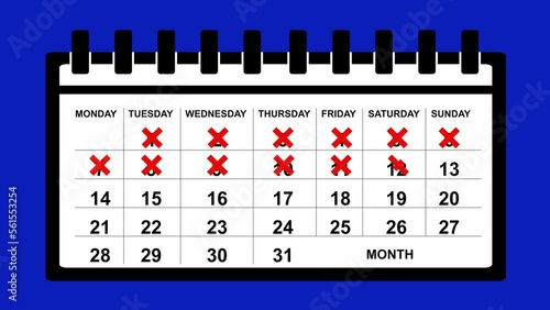 animation of calendar almanac counting or crossing out days, until reaching number 17, on a blue chrome key background