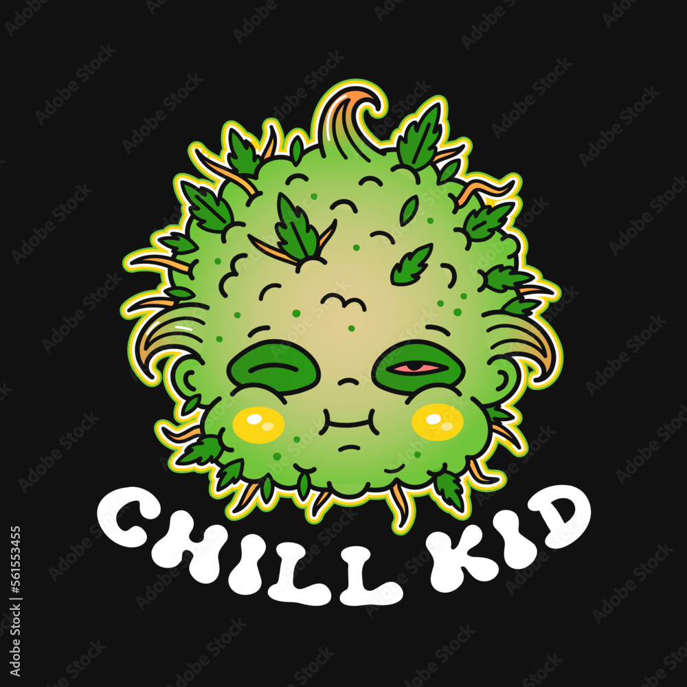 Fototapeta premium Funny chill kid print for t shirt. Vector line doodle traditional retro cartoon illustration. Funny vintage weed character cartoon print poster,t-shirt,sticker concept. Vector illustration
