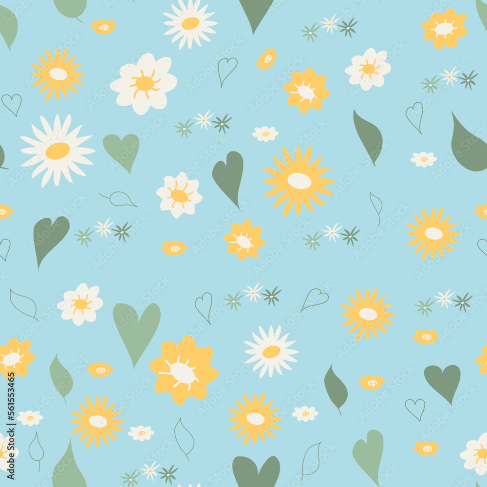 Spring Seamless Pattern. Fresh background with flowers, leaves and hearts. Simple vector pattern for textiles