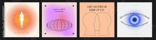 Set of motivational self-development instagram post templates with motivation quotes and abstract graphic elements on gradient background. Vector illustration