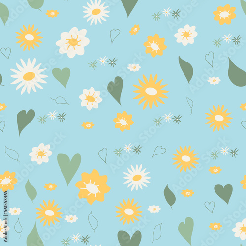 Spring Seamless Pattern. Fresh background with flowers, leaves and hearts. Simple vector pattern for textiles