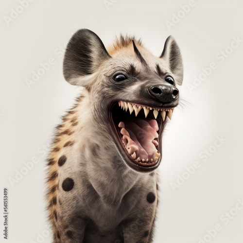 Obraz na płótnie Portrait of a laughing hyena with mouth open isolated on a white background